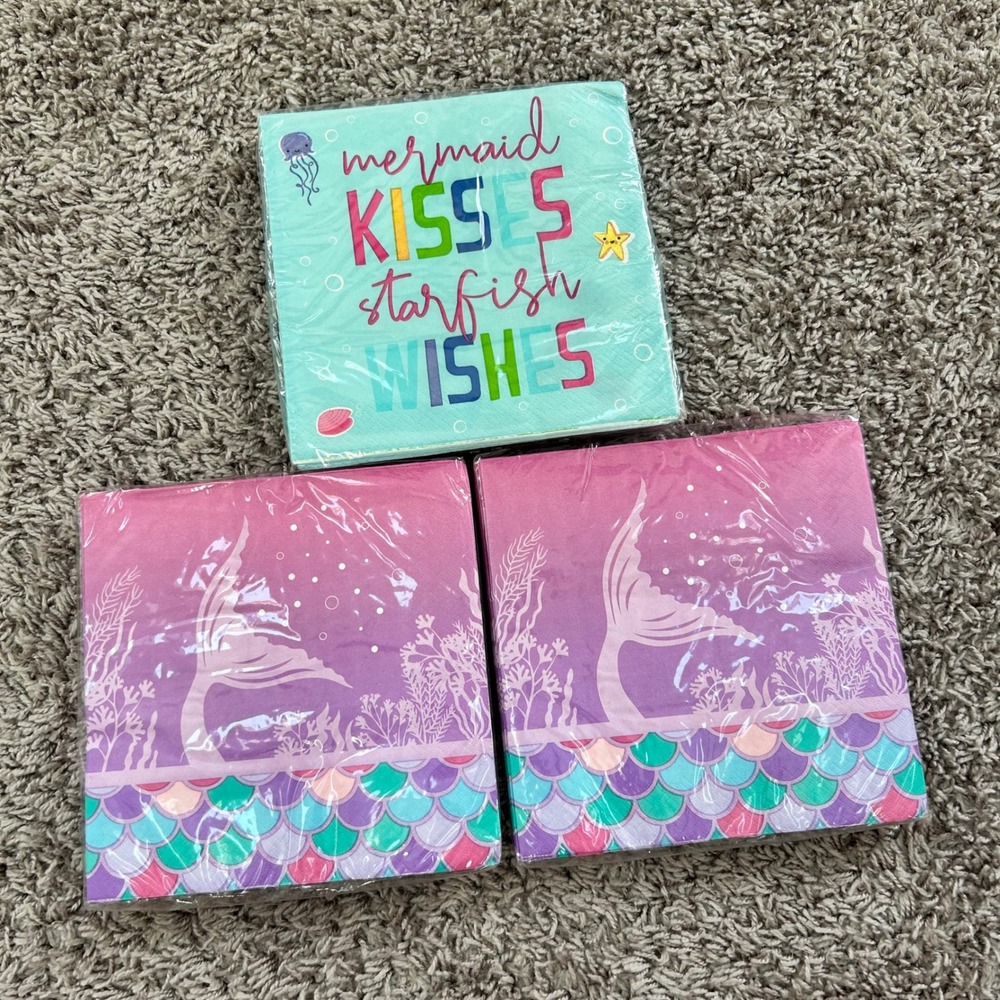 Mermaid Party Napkins Set 56ct Mermaid Kisses Starfish Wishes Luncheon 2-Ply NEW